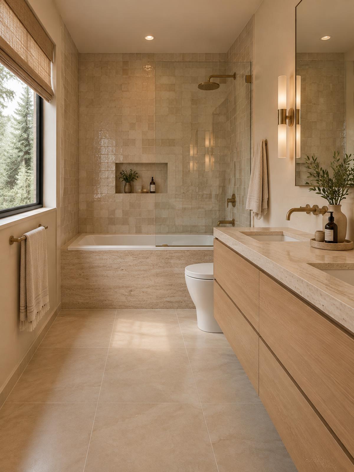 The same bathroom after a full renovation in travertine and oak