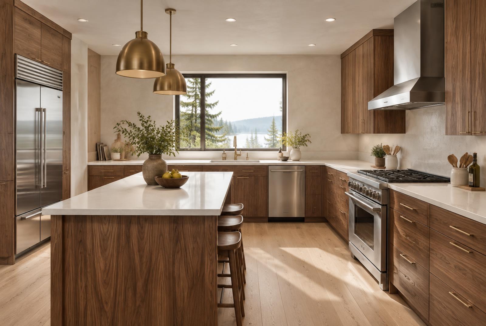 The same kitchen after a full remodel with walnut cabinetry and quartz counters
